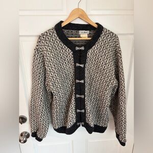 VTG LL Bean Nordic Wool Blend Gray Ivory Cardigan Birdseye with Metal Closures L